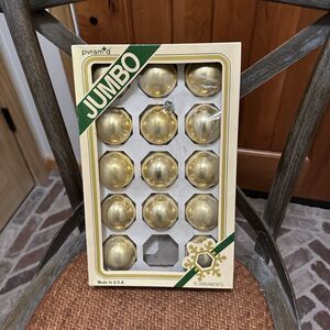 VTG‎ Box of 14 Pyramid Jumbo Glass Christmas Ornaments 2" Round Gold